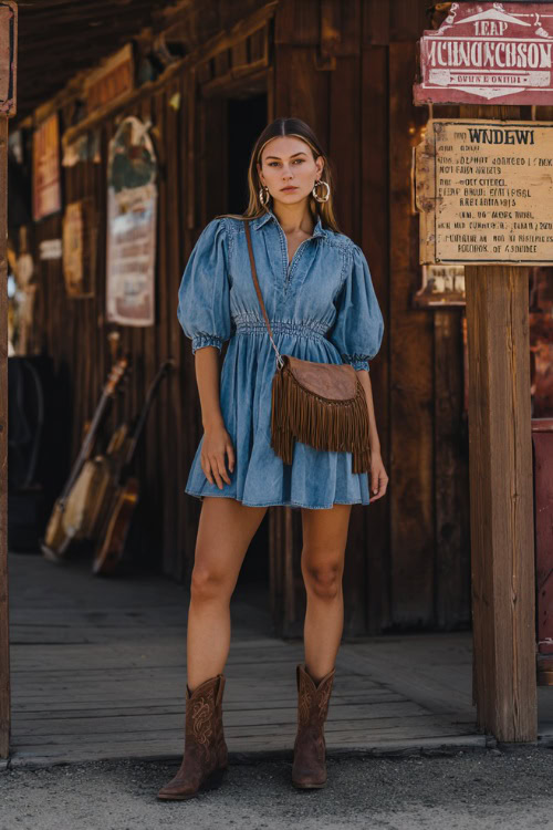 A woman wearing a denim mini dress with puff sleeves and brown ankle cowboy boots, accessorized with a fringe bag and hoop earrings