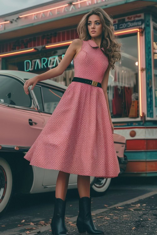 A woman wears black cowboy boots and a midi ruffle pink dress