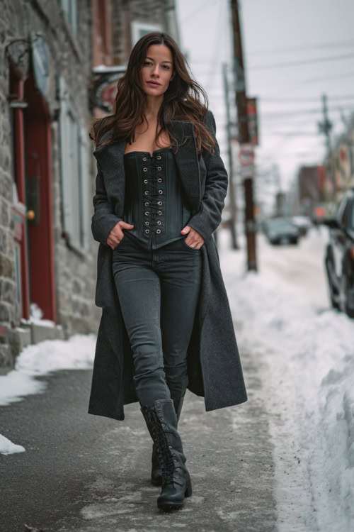 Confident woman in a belted long coat, fitted jeans, corset top, and lace-up boots, walking on a snowy sidewalk with a confident pose