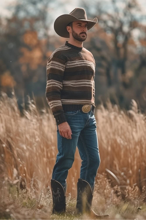 a man wears a striped brown sweater, blue jeans and black cowboy boots