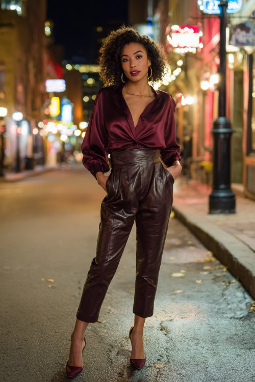 A Black woman wearing high-waisted faux leather pants, a deep wine-colored satin blouse, and pointed heels, walking through an autumn city street lined with bars and neon lights