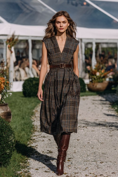 A woman wears a forest plaid A-line midi with a belted waist and soft pleats, paired with chocolate knee-high boots
