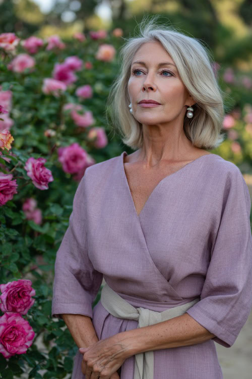 A woman over 60 wearing a light lavender midi dress with elbow-length sleeves and pearl earrings, standing in a rose garden at a summer wedding