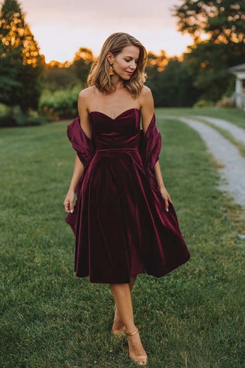 A petite woman in a burgundy velvet fit-and-flare dress with a sweetheart neckline and three-quarter sleeves, paired with strappy gold heels and a matching satin shawl