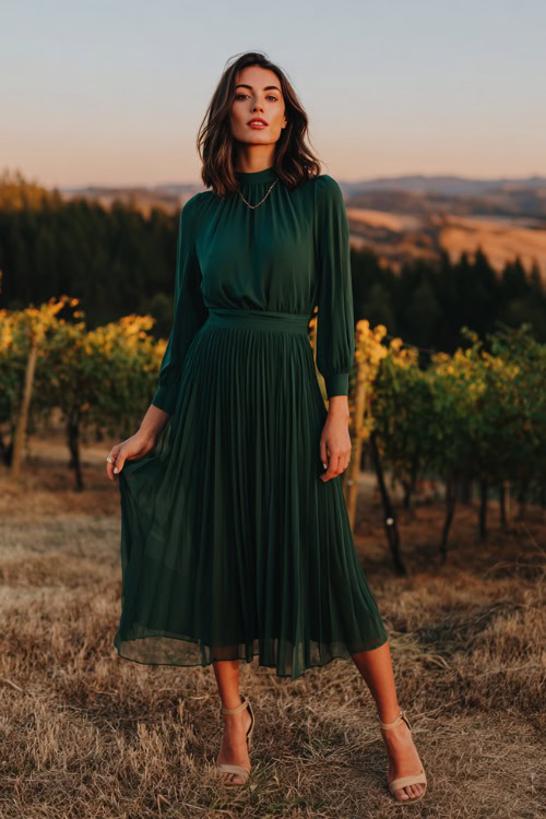 A woman wears a forest green pleated chiffon midi dress with a fitted waist and flowy skirt, accessorized with ankle strap heels and a dainty necklace