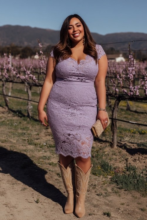 A curvy woman wears a lavender lace midi dress with scalloped edges, styled with embroidered tan cowboy boots