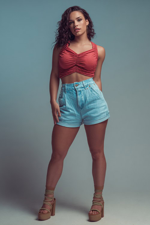 A woman wearing high-waisted denim shorts, a ruched crop top, and platform sandals, styled for a casual summer night out with friends, simple studio background