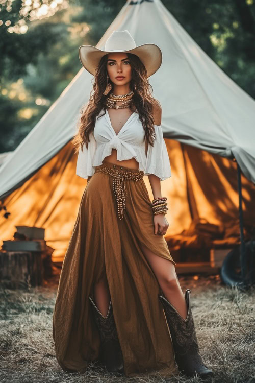 Free-spirited woman in a flowy, earth-toned maxi skirt with a tied-up white cotton blouse, paired with cowboy boots and stacked beaded bracelets
