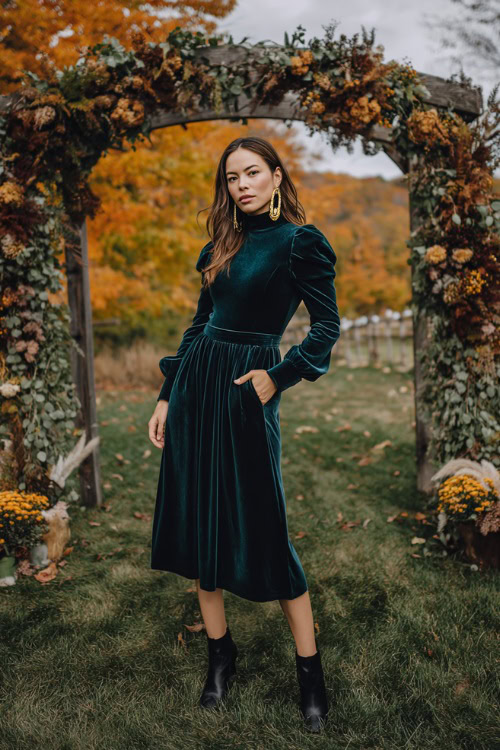 A woman wears a velvet dark emerald midi dress with a high neckline and long sleeves, paired with black ankle boots and gold hoop earrings