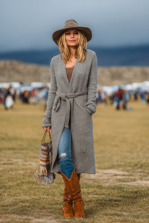 A woman over 30 wears a belted long cardigan over jeans, suede ankle cowboy boots, and a felt hat, holding a fringed bag in a chilly open-air concert field