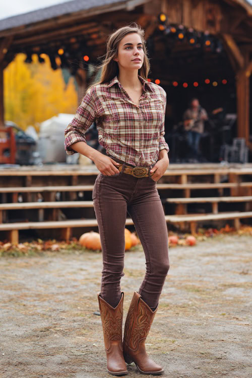 A woman wears high-waisted skinny jeans with a plaid button-down shirt tucked in, styled with a leather belt and brown cowboy boots, standing at a rustic outdoor stage with autumn leaves