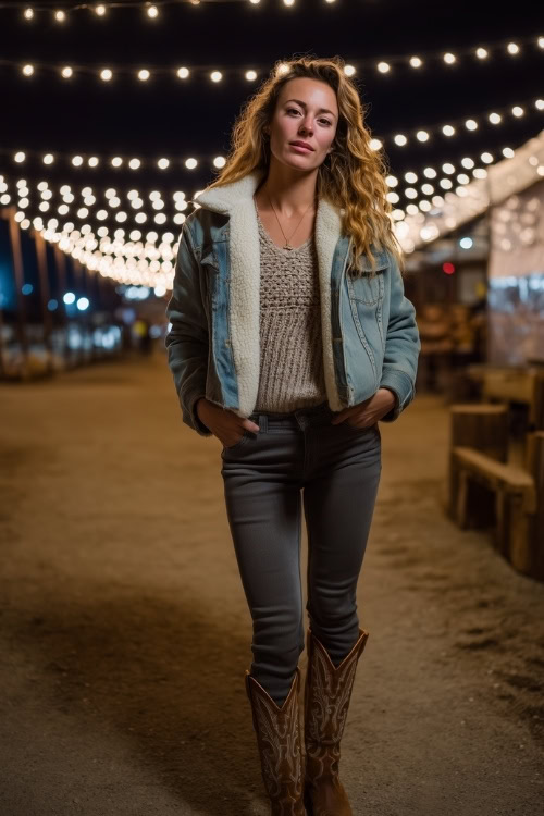 A woman wears a sherpa-lined denim jacket over a knit sweater, paired with skinny jeans and distressed cowboy boots, standing under glowing string lights at a cold fall night concert