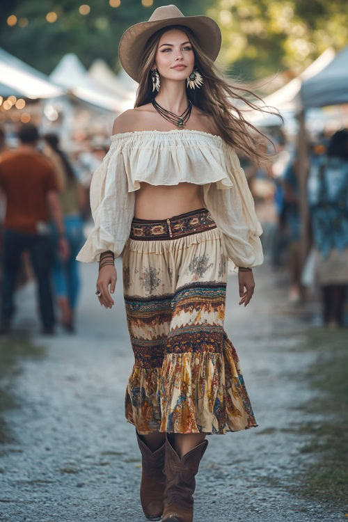 A confident woman in a flowing off-the-shoulder peasant blouse with a tiered bohemian maxi skirt, accessorized with cowboy boots and feather earrings