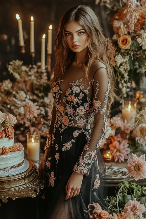 a woman wears a sheer black floral wedding guest dress with long sleeves