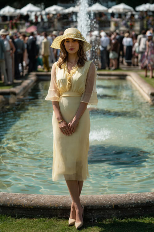A woman wearing a pale yellow midi dress with sheer sleeves and a matching hat, posing near a fountain surrounded by summer wedding guests
