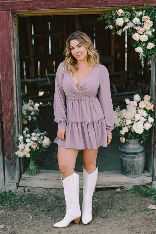 A curvy woman wears a lilac chiffon A-line dress with long sleeves and a tiered skirt, styled with white knee-high cowboy boots