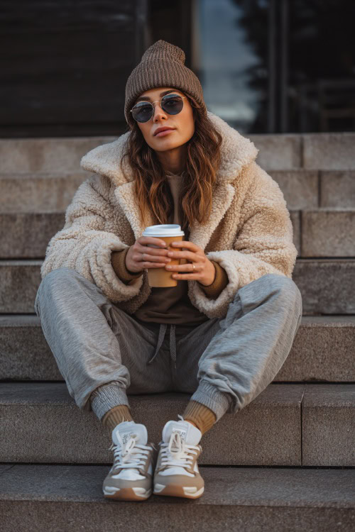 Cozy outfit of a woman wearing a sherpa jacket, jogger pants, knit beanie, and sneakers, sitting on outdoor cafeÌ steps with a coffee cup