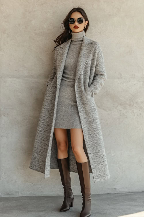 A woman wearing a fitted turtleneck sweater dress paired with knee-high boots and a long wool coat