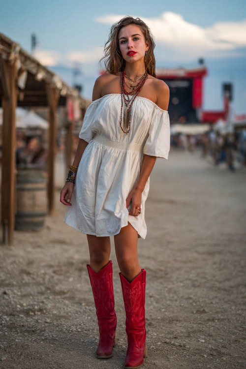 A woman wearing a peasant-style off-shoulder dress in white, styled with striking red western boots and layered necklaces
