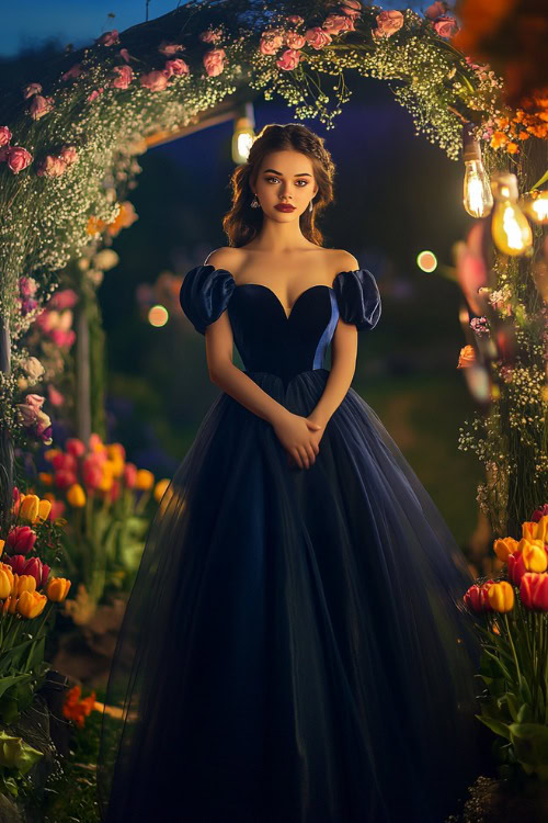 A fashionable woman in a navy bubble dress with a sweetheart neckline, short puff sleeves, and a tulip hemline