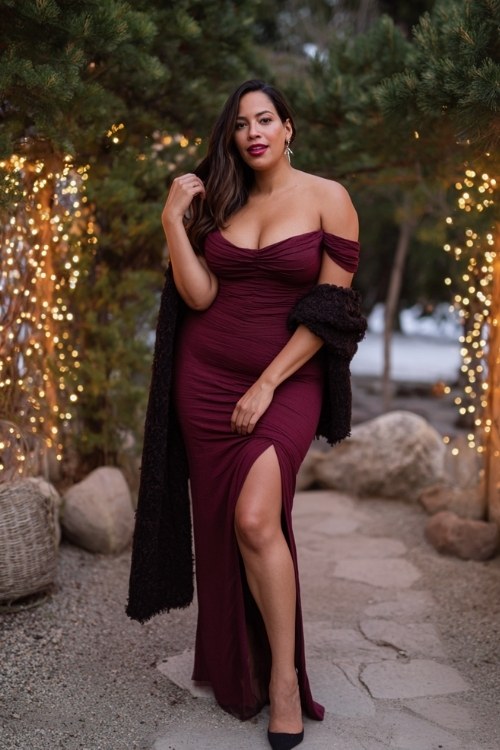 A curvy woman wears an off-shoulder burgundy mermaid gown with a slit