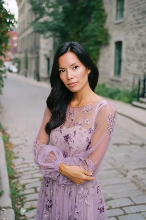 A woman over 50 wears a soft lilac tea-length dress with sheer embroidered long sleeves