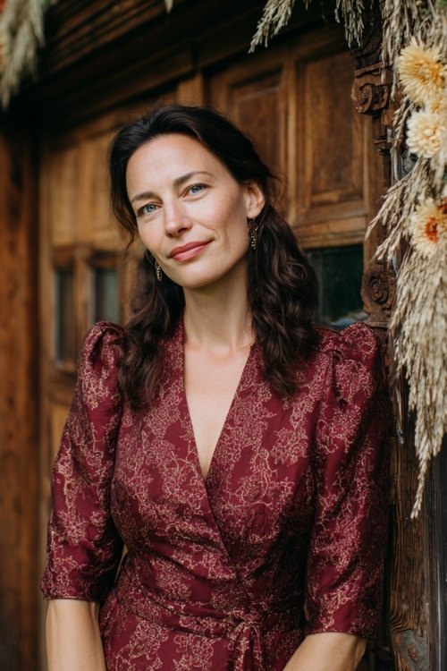 a woman over 50 in a burgundy brocade A-line dress