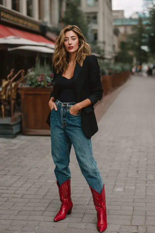 A woman wears red cowboy boots, high-waisted blue jeans, and a fitted black blazer