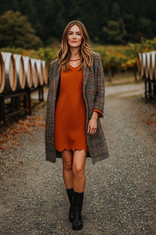 A petite woman in a burnt orange shift dress with a scalloped hem, styled with black ankle boots and a long plaid cardigan