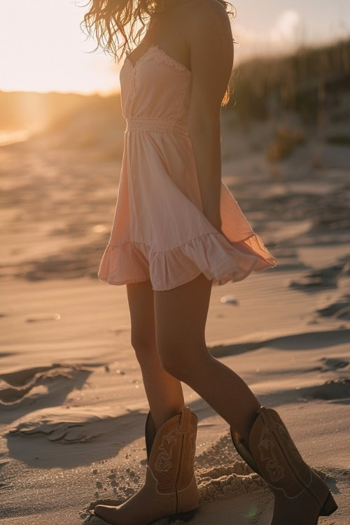 A woman wears brown cowboy boots with a pink dress