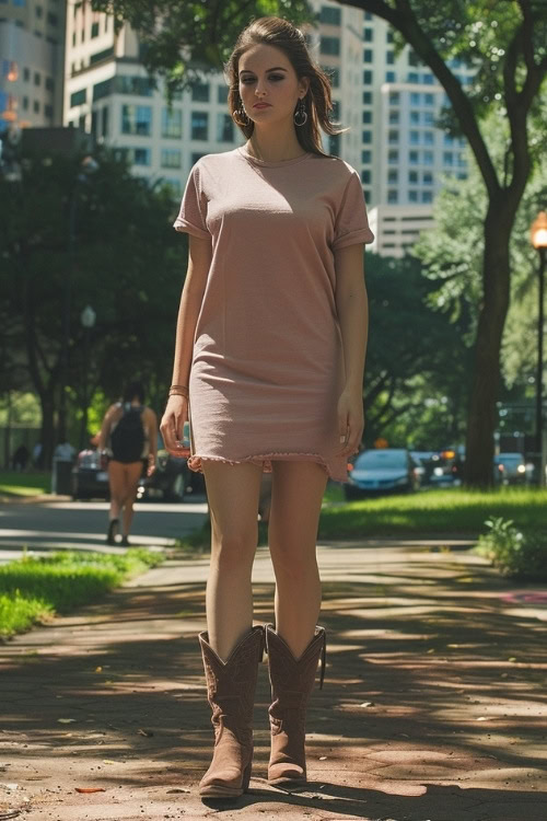 A woman wears brown cowboy boots with a pink t-shirt dress (3)