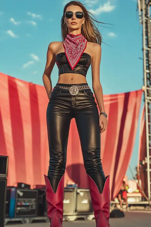 A stylish woman wearing a black corset top with flared leather pants, accessorized with red cowboy boots and a red bandana around her neck (4)