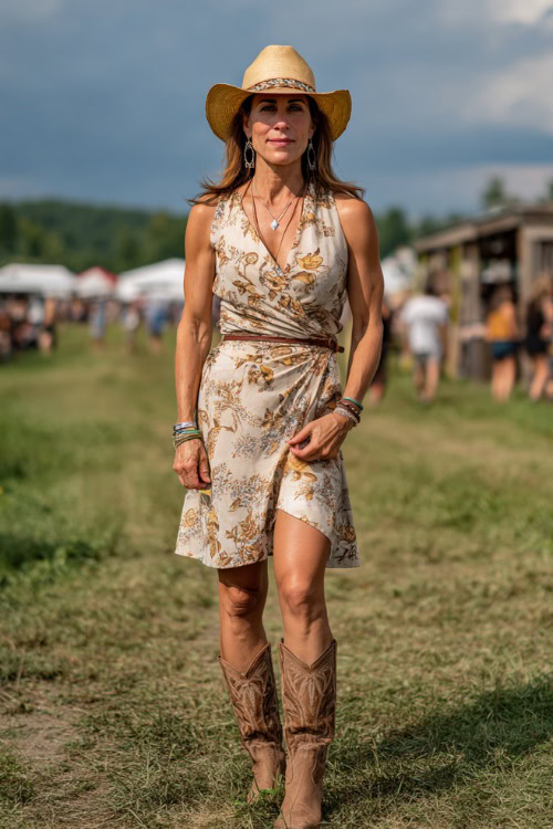 A woman over 40 wearing a printed sleeveless wrap dress with western boots and a straw hat