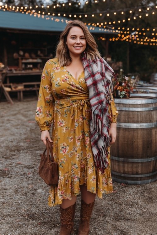 A plus-size woman in a mustard floral wrap dress with long bishop sleeves and a ruffle hem, paired with brown cowboy boots