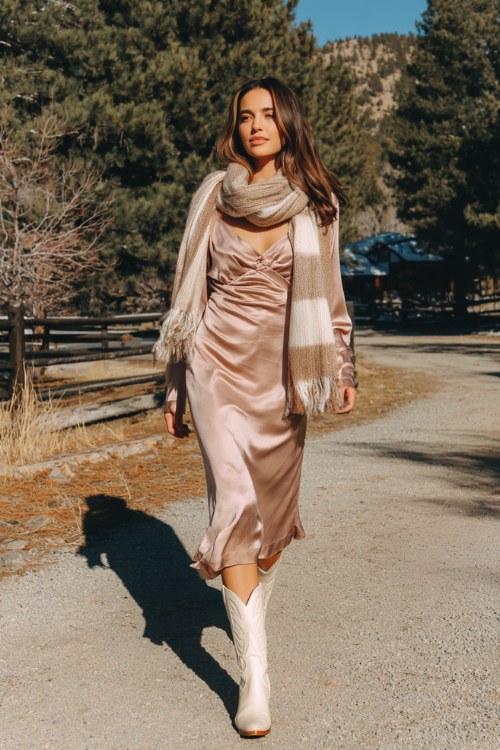 A woman wears a soft blush long-sleeve satin slip dress with a cozy cashmere scarf and cream-colored cowboy boots