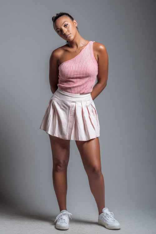 A mid-size woman wearing a one-shoulder ribbed tank top with a pleated mini skirt and white sneakers, styled for a playful and sporty summer night out