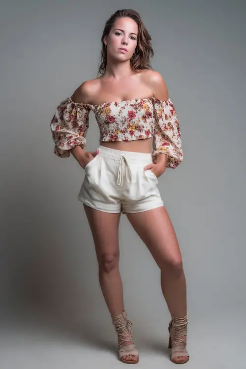 A woman in a floral off-shoulder top paired with a mini skort and lace-up sandals, styled for a feminine and breezy summer bar outfit, simple studio background