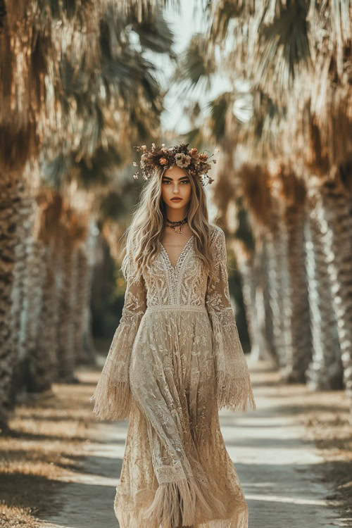 A confident woman in a high-neck embroidered maxi dress with long sleeves, accessorized with a dried floral crown and fringe boots, standing near a palm-lined pathway