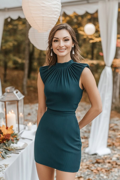 A woman wears a teal short fall wedding guest dress with an asymmetrical neckline and pleated details, standing by an elegant outdoor wedding reception