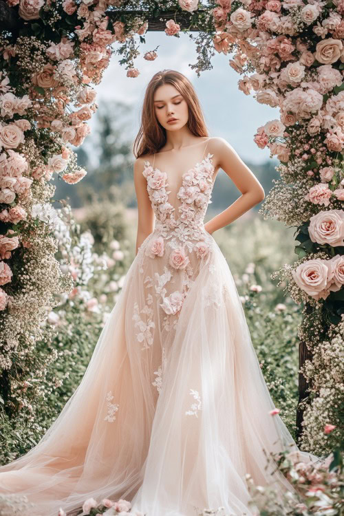 A woman in a champagne knee-length tulle dress with intricate floral appliqueÌs on the bodice, standing under a wedding pergola adorned with soft pink roses