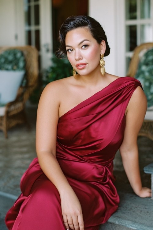 A curvy woman wears a deep red satin gown with a one-shoulder draped detail