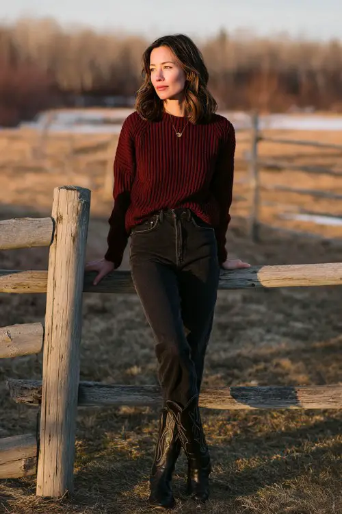 A woman over 30 wears a deep-red ribbed sweater with high-waisted dark jeans and tall black cowboy boots