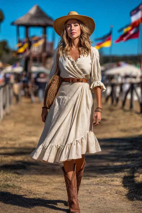 A woman wearing a smocked peasant-style midi dress with ruffle sleeves and brown cowboy boots, accessorized with a wide-brim straw hat and woven crossbody bag