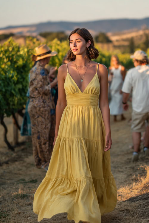 A woman wearing a pastel yellow flowy sundress with a tiered skirt and minimal jewelry, walking beside a vineyard with summer wedding guests in the background