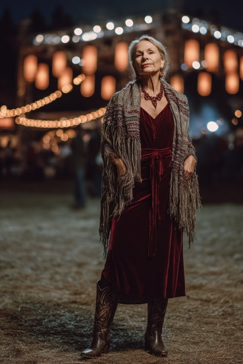 A woman over 50 wears a long velvet dress with a fringed shawl, styled with tall cowboy boots and statement earrings, standing in front of a country concert stage glowing with night lanterns