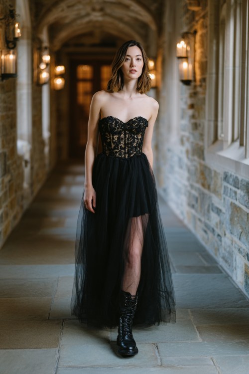 A woman wears a black tulle gown with lace appliqueÃÂ bodice, styled with polished leather boots