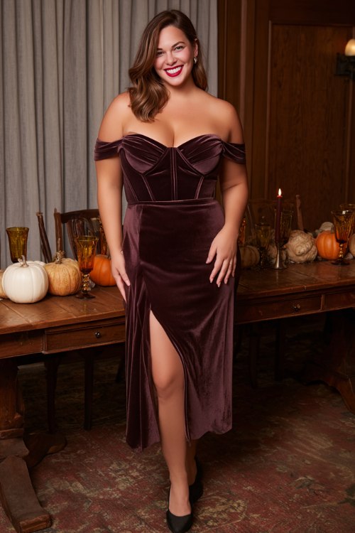 A plus-size woman wears a plum off-shoulder dress with structured bodice, side slit, and velvet fabric, paired with patent leather heels