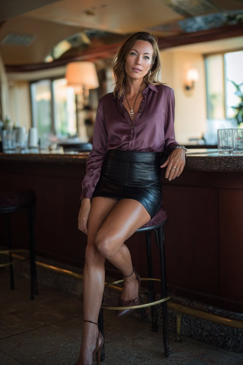 A woman over 40 in a black faux leather skirt, a fitted plum blouse, and ankle strap heels, sitting gracefully on a bar stool, full body outfit visible