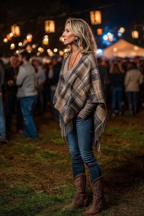 A woman over 50 wears a plaid wool poncho over a fitted sweater and jeans, styled with heeled cowboy boots and hoop earrings, standing in a fall concert crowd under lanterns