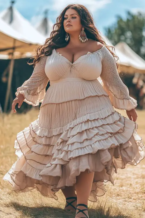 Plus-size woman wearing a smocked peasant blouse with long bell sleeves and a flowy tiered skirt, styled with strappy sandals and boho earrings